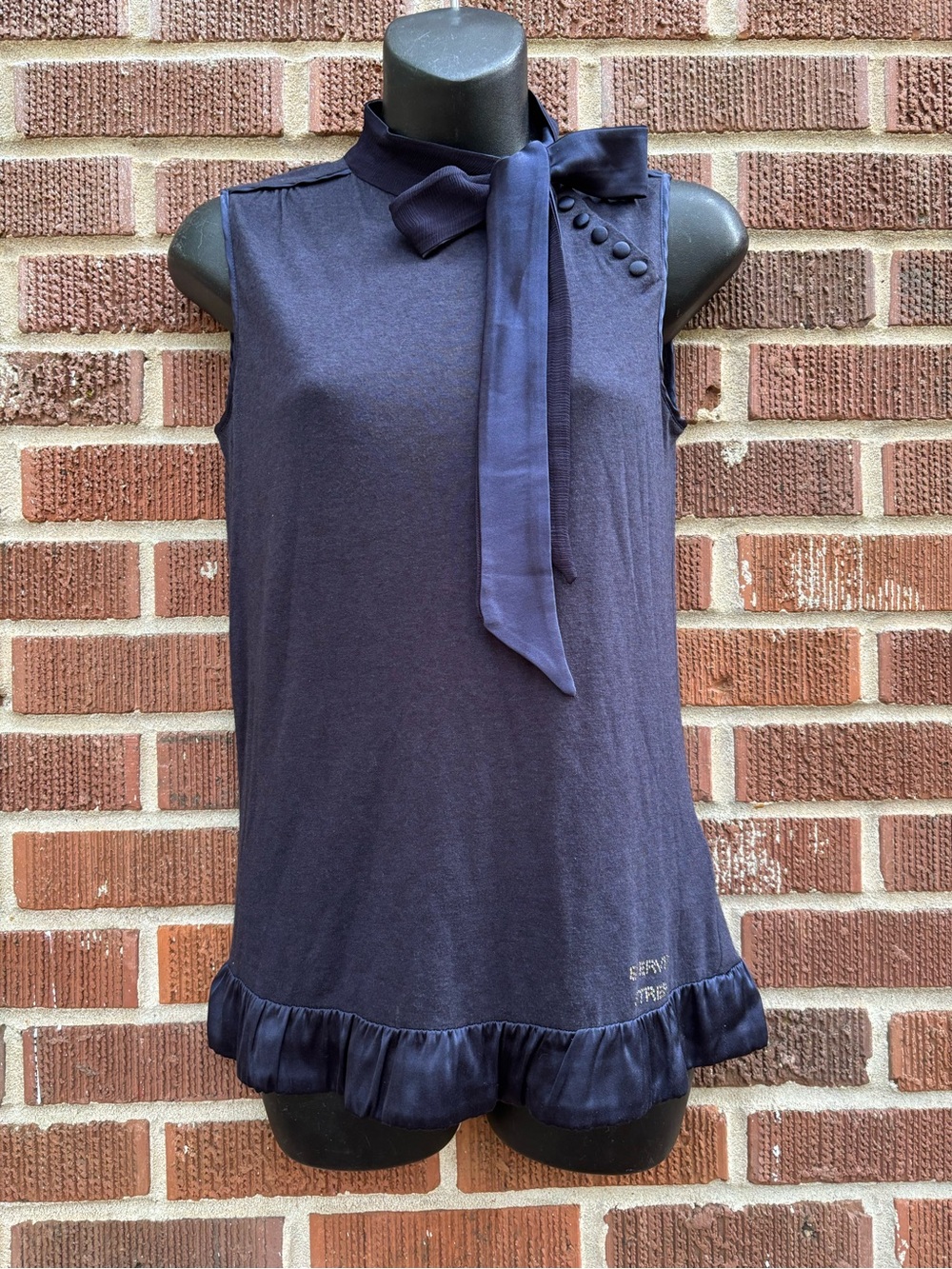 SCERVINO Street Womens 10 blue Sleeveless Tank top blouse Neck tie Beaded velour